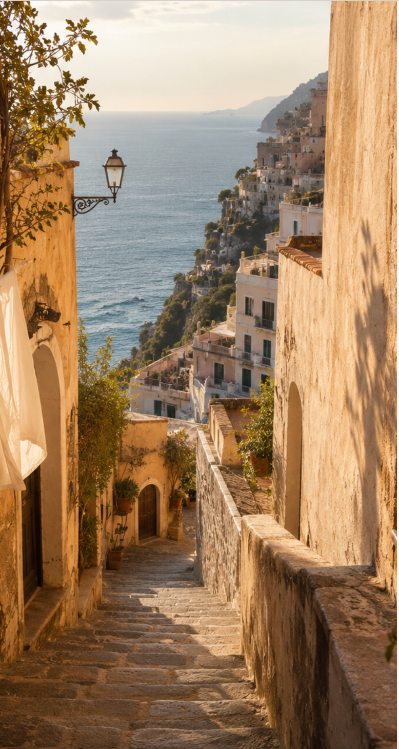 Sonnige Treppengasse an der Amalfiküste mit Wäscheleine und Blick aufs Meer