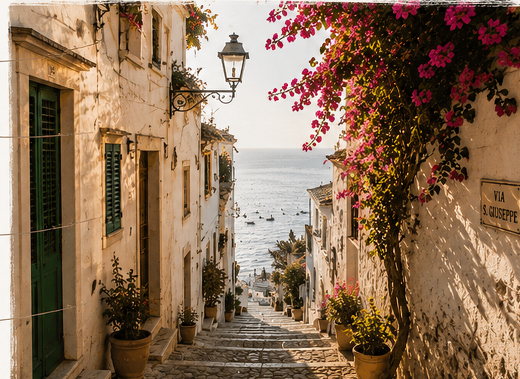 Sonnige Treppengasse in Positano mit Blick auf das Meer