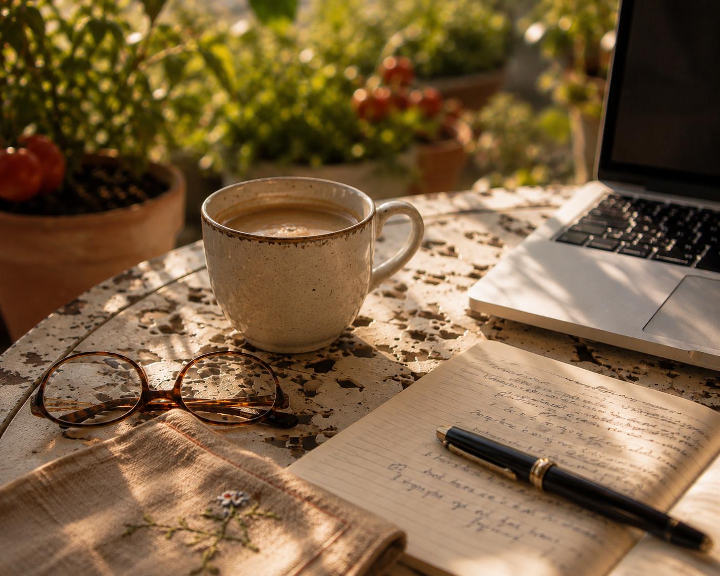 Kaffee, Brille, Notizbuch, Stift und Laptop auf einem weißen Patina-Tisch